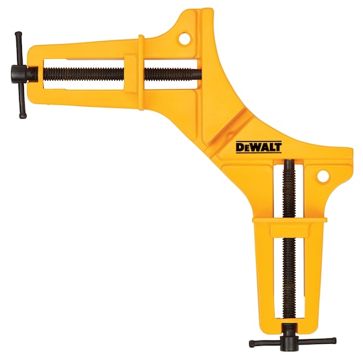 Yellow DEWALT corner clamp for woodworking, features two adjustable screw mechanisms for secure joining.