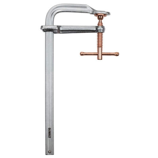 Metal F-clamp tool with a silver body and copper screw mechanism, used for securing workpieces in place.