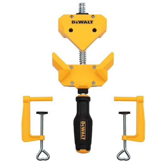 DEWALT corner clamp set with yellow and black handle and two separate yellow C-clamps.