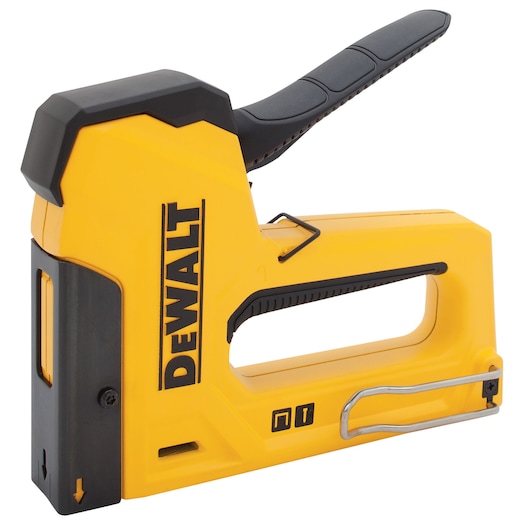 Yellow DEWALT hand staple gun with ergonomic handle and metal clip, designed for heavy-duty fastening tasks.