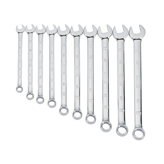 Set of ten DEWALT combination wrenches in various sizes, arranged side by side on a white background.