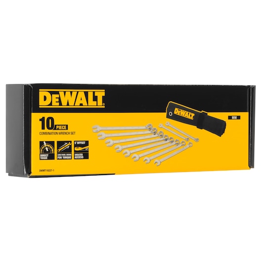 Box of DEWALT DWMT19227-1 10-piece combination wrench set, featuring an illustration of wrenches and a black and yellow branded tool roll on the packaging.
