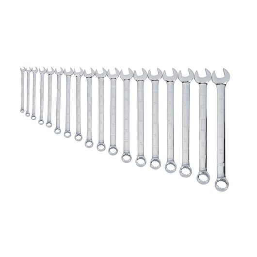 Set of combination wrenches arranged in a row, various sizes, silver finish, on a plain white background.