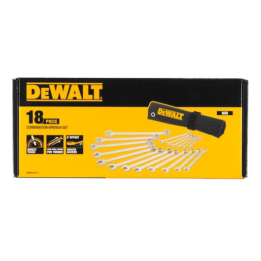 DEWALT 18-piece combination wrench set in a black and yellow box, showing the wrenches and a rolled pouch on the front.