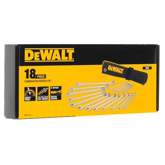 Box of DEWALT 18 piece combination wrench set. The packaging is black and yellow, displays images of the wrenches, a roll-up storage pouch, and features such as direct torque, torque design, offset, and greater access.