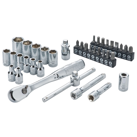 DEWALT socket and bit set with ratchet, extensions, sockets and screwdriver bits arranged on a white background.