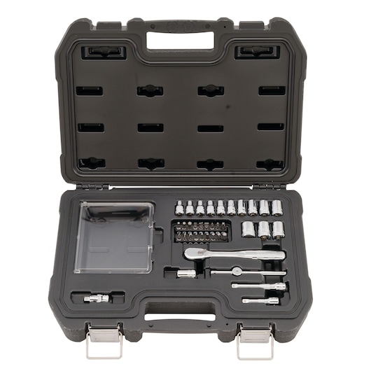 Black hard case with assorted DEWALT sockets, bits, and ratchet tools neatly organized inside.