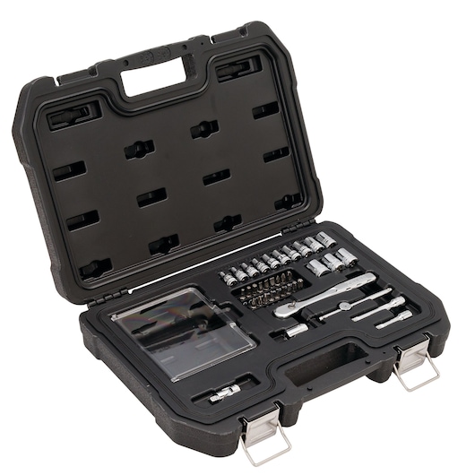 Open DEWALT tool case showing assorted sockets, bits, and ratchet neatly arranged inside.