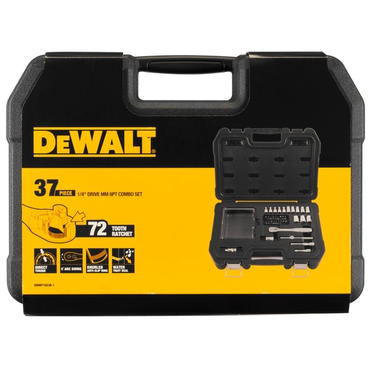 DEWALT 37-piece 1/4" drive metric 6-point combo set in a black and yellow hard plastic carrying case, with illustrated features and product image on the front.