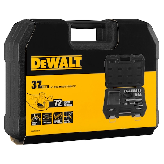 Black and yellow DEWALT hard plastic carrying case for a 37-piece 1/4 inch drive metric 6-point combo set. The case features the DEWALT logo, highlights of the tool set including a 72-tooth ratchet, and icons for direct torque, 5° arc swing, knurled anti-slip ring, and water-tight seal. An image on the packaging shows the opened tool case with various sockets and tools inside.