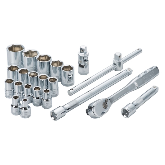 Set of DEWALT chrome socket wrenches and extensions arranged on a white background.