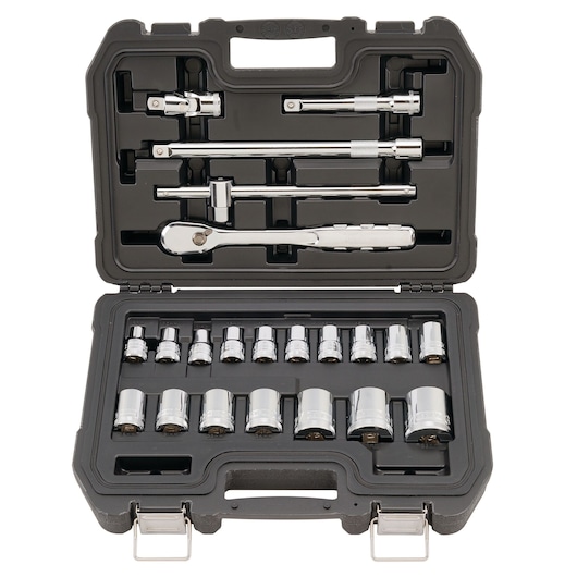 DEWALT socket and ratchet set in a black case, featuring chrome sockets and accessories neatly arranged.