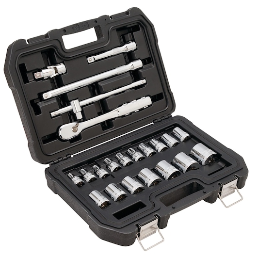 A DEWALT socket and ratchet tool set in a black hard case, containing various sockets and attachments.