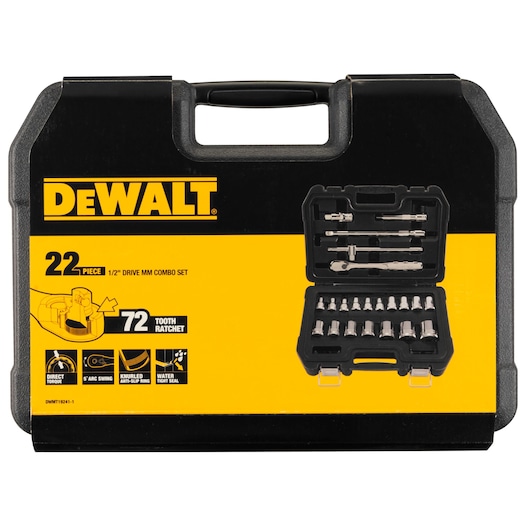 DEWALT 22-piece combo tool set in a black and yellow hard case with ratchet and sockets shown inside.