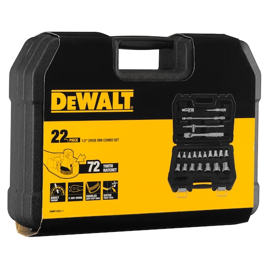 DEWALT 22-piece 1/2" drive combo set in black case with yellow label and ratchet tool image.