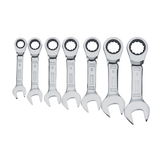Set of seven DEWALT ratcheting combination wrenches arranged in size order on a white background.