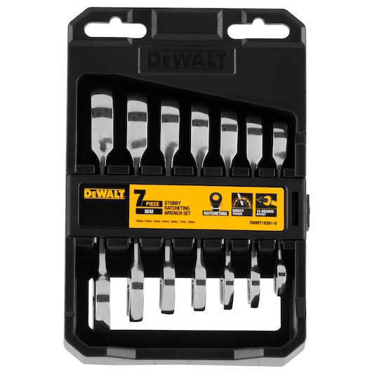 DEWALT 7-piece stubby ratcheting wrench set in a black plastic holder. The set includes metric wrenches ranging from 10mm to 19mm, displayed with a yellow label showing product information.