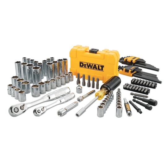DEWALT tool set with sockets, ratchets, screwdrivers, bits, hex keys, and yellow carrying case displayed.