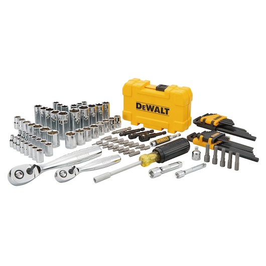 DEWALT tool set with ratchets, screwdriver, sockets, bits, hex keys and yellow carrying case displayed.