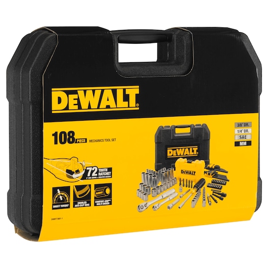 Front view of a DEWALT branded mechanics tool set in a black and yellow hard carry case. The packaging shows the DEWALT logo, and highlights the 108-piece set with various ratchets, sockets, drivers, and tools laid out. Also features icons and text detailing key product features such as 72-tooth ratchet and anti-slip ring.
