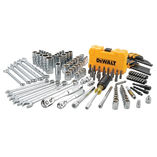 DEWALT tool set with wrenches, sockets, bits, and yellow storage case displayed on white background.
