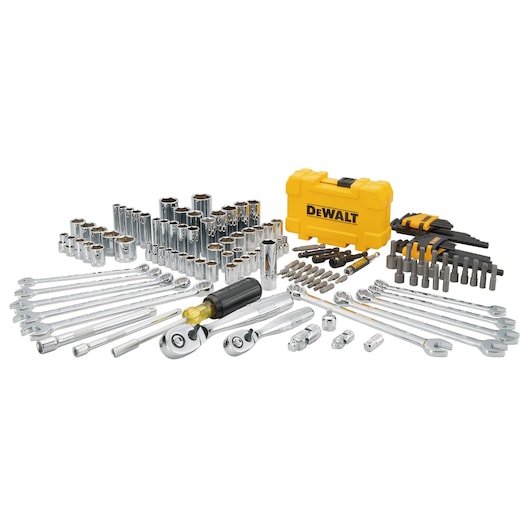 DEWALT tool set with wrenches, sockets, bits, and yellow case arranged on a white surface.