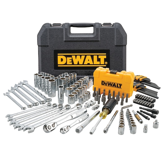 DEWALT tool set with wrenches, sockets, bits, and a black carrying case displayed on a white background.