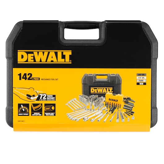 Front view of a DEWALT mechanics tool set case (model DWMT73802-1) containing 142 pieces. The black and yellow case features the DEWALT logo and shows images of various included tools such as wrenches, sockets, ratchets, and bits spread out in front of the case. Packaging highlights features such as a 72 tooth ratchet, direct torque, and anti-slip design.