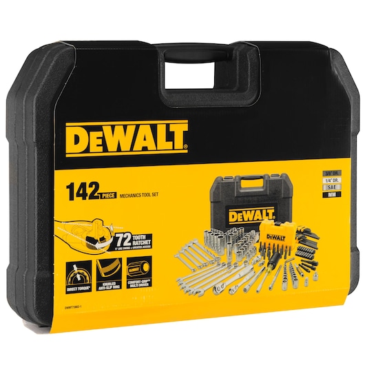 Black and yellow DEWALT-branded carrying case for a 142-piece mechanics tool set. The front of the case shows the DEWALT logo, details about the set, and images of various tools including wrenches, sockets, ratchets, bits, and drivers arranged around the case.