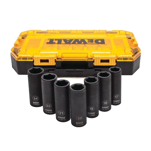 A DEWALT socket set with eight black sockets displayed in front of a yellow and black hard plastic storage case.