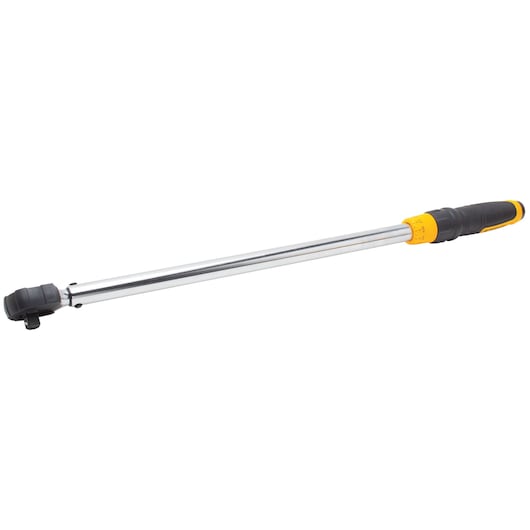 DEWALT torque wrench with black handle and yellow adjustment collar, used for precise tightening of fasteners.