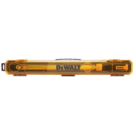 DEWALT yellow tool in a hard transparent case with black logo, shown closed and horizontally on white background.