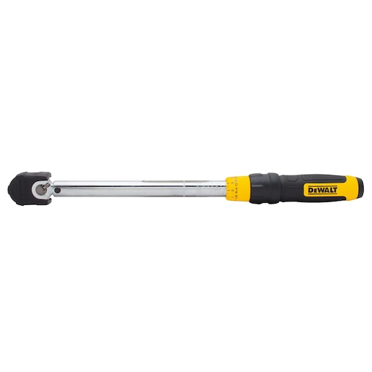 DEWALT torque wrench with yellow and black handle, chrome shaft, and adjustable settings, shown on white background.