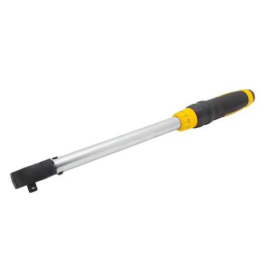DEWALT torque wrench with black and yellow handle and adjustable metal shaft, shown on white background.