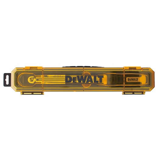 Yellow DEWALT case with a tool inside, viewed from above. Rectangular shape with DEWALT branding.
