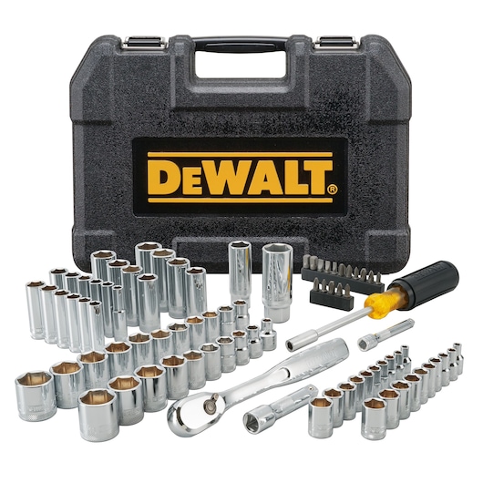DEWALT tool set with sockets, bits, screwdriver, ratchet, and hard case displayed on a white background.