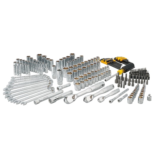 DEWALT socket and wrench set with various ratchets, bits, and screwdrivers arranged on a white background.