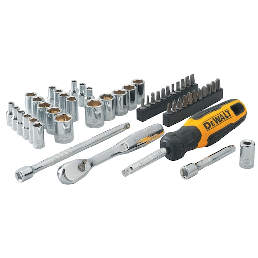 DEWALT socket and bit set with ratchet, screwdriver, extension bars, and various bits and sockets displayed.