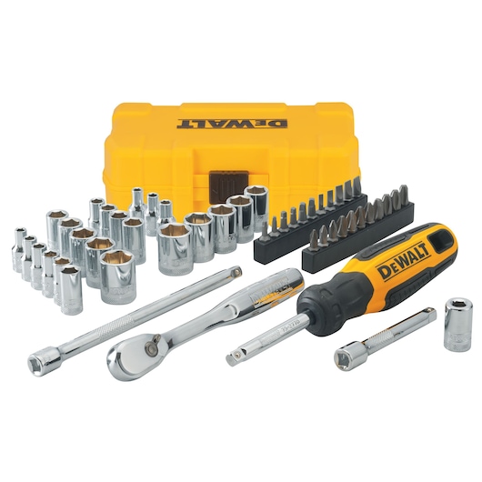 DEWALT tool set with yellow case, sockets, bits, ratchet and screwdriver displayed.