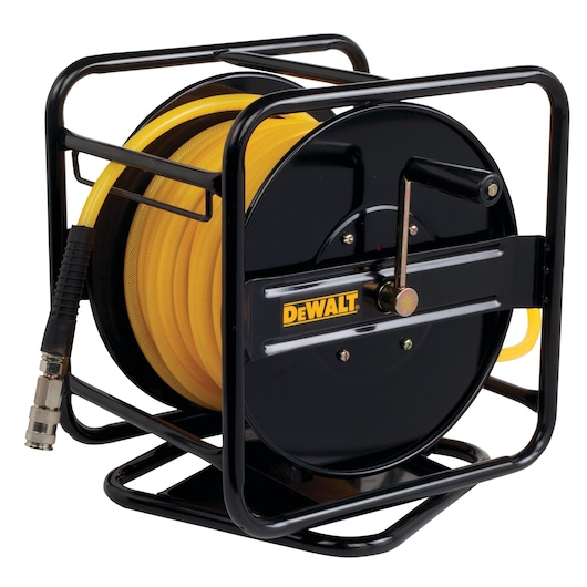 DEWALT hose reel with yellow hose, metal frame and manual crank, suitable for industrial or workshop use.