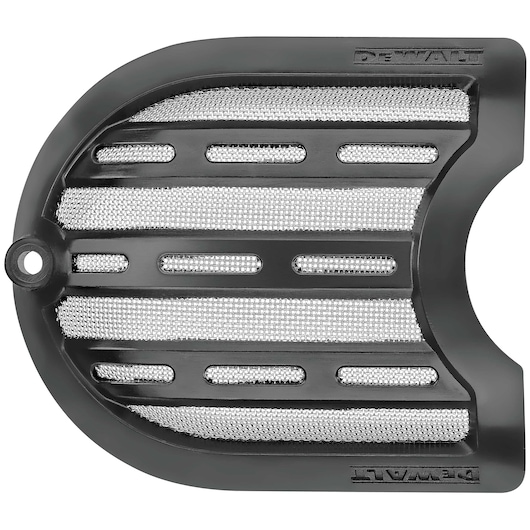 A close-up image of a DEWALT replacement part, showing a curved, black plastic and metal mesh vent cover with horizontal slots and the DEWALT brand name embossed on the surface.