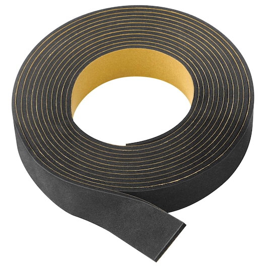 A roll of black adhesive foam tape with a peel-off backing, commonly used for sealing, insulation, or mounting purposes.