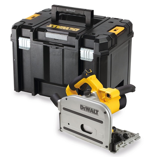 A DEWALT plunge saw with a yellow and black handle is positioned in front of a large, black DEWALT carrying case. The case has a sturdy handle, silver latches, and yellow accent pieces. Both tools are placed on a white background.