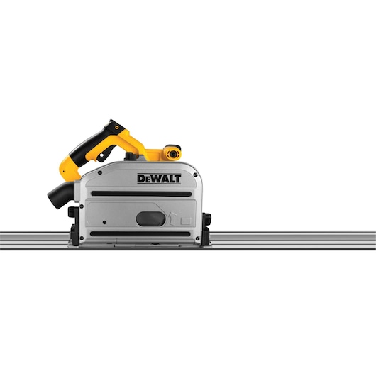 A DEWALT track saw with a silver body and yellow-black handle, positioned on a guide rail against a white background.