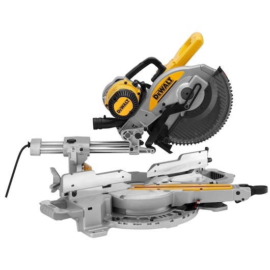 A DEWALT branded sliding compound miter saw with a circular blade, designed for precision wood cutting, shown against a white background.