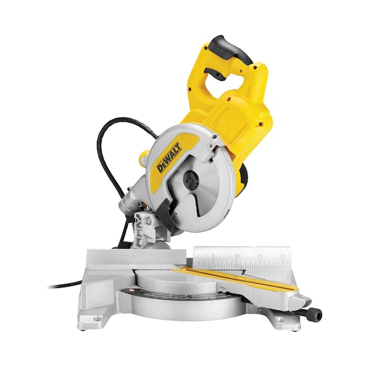 DEWALT DWS771 yellow and silver miter saw with ruler guide for precision cutting.