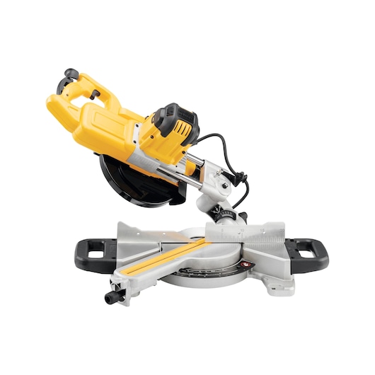 DEWALT DWS773 yellow and black mitre saw with ruler, angled head and sturdy base for precision cutting.