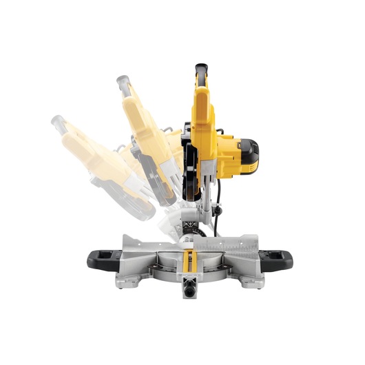DEWALT DWS774 saw showing adjustable blade angles. Tool on a white background.