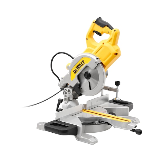 DEWALT DWS777 miter saw with yellow handle and blade guard, suitable for woodworking tasks.