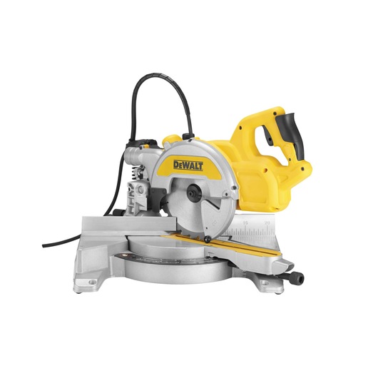 DEWALT DWS777 mitre saw with yellow body and silver blade for precise wood cutting on flat surfaces.